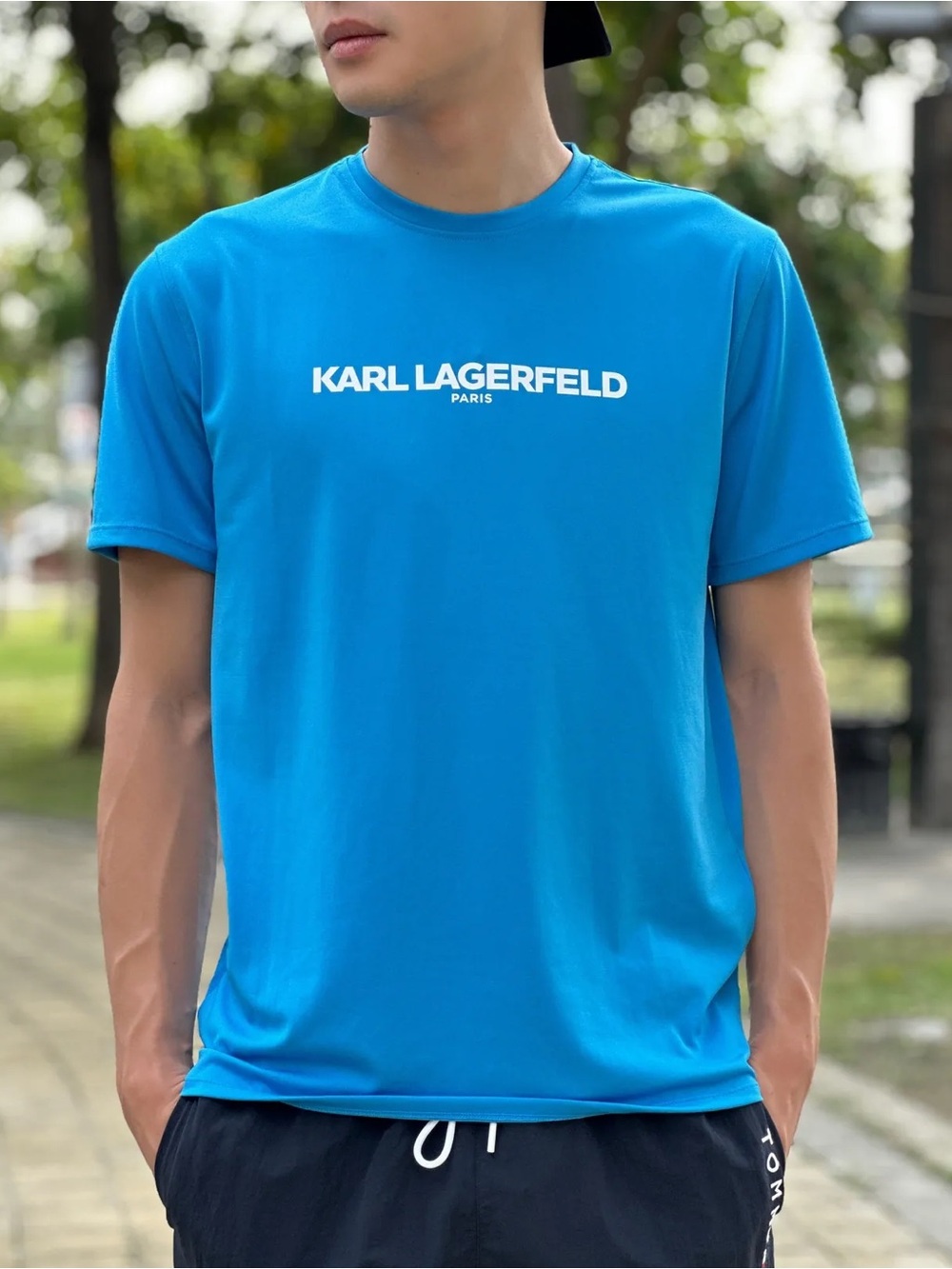 Karl Lagerfeld Bright Blue, White and Black Crewneck Logo Tee